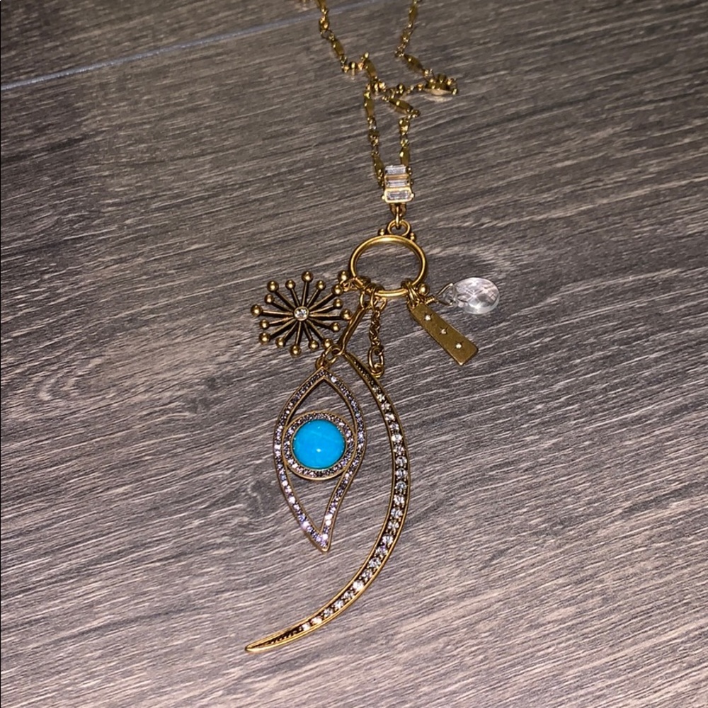 New Turquoise Evil Evil Rhinestone Horn Starburst Charm Long Necklace 18k plated